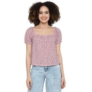 American Eagle Floral Puff Sleeve Top Sz L Pink Button Front Scoop Neck Cotton